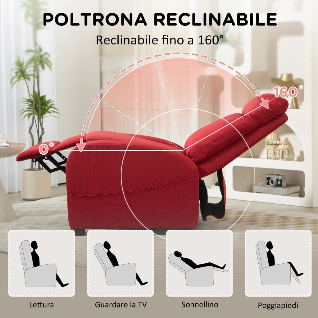 Poltrona Relax Reclinabile con Poggiapiedi in Tessuto Effetto Lino Rosso