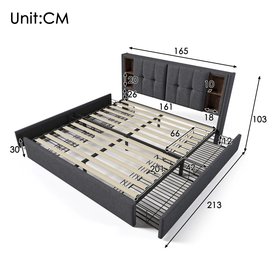 LETTO imbottito 160x200 cm Grigio in lino con ricarica wireless USB-C e materasso incluso