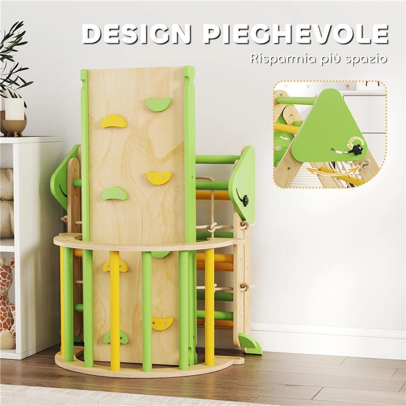 GIOCO PER BAMBINI 8 IN 1 CON TRIANGOLO, PARETE LISCIA E ARCO, IN LEGNO DI PIOPPO E PINO, 191.5X74.5X63 CM