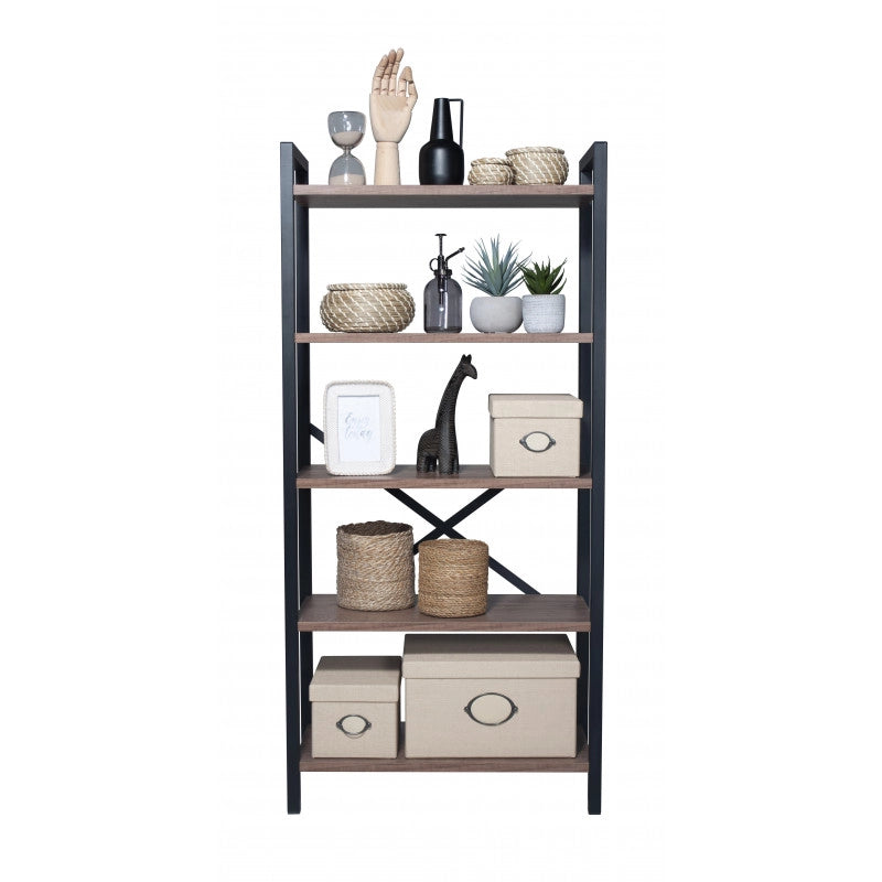 Libreria a 5 Ripiani, Scaffale Portaoggetti, Libreria Autoportante, 62x130x29,50 cm, Colore Dark Oak e Nero Opaco, Made in Italy