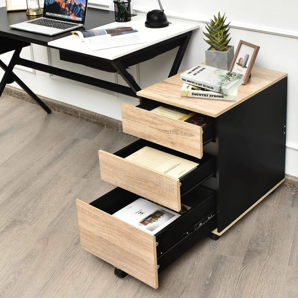Cassettiera arrotolabile su ruote, armadietto a 3 cassetti, armadietto da ufficio, con freni, armadietto da ufficio, con design anti-ribaltamento, colore: naturale