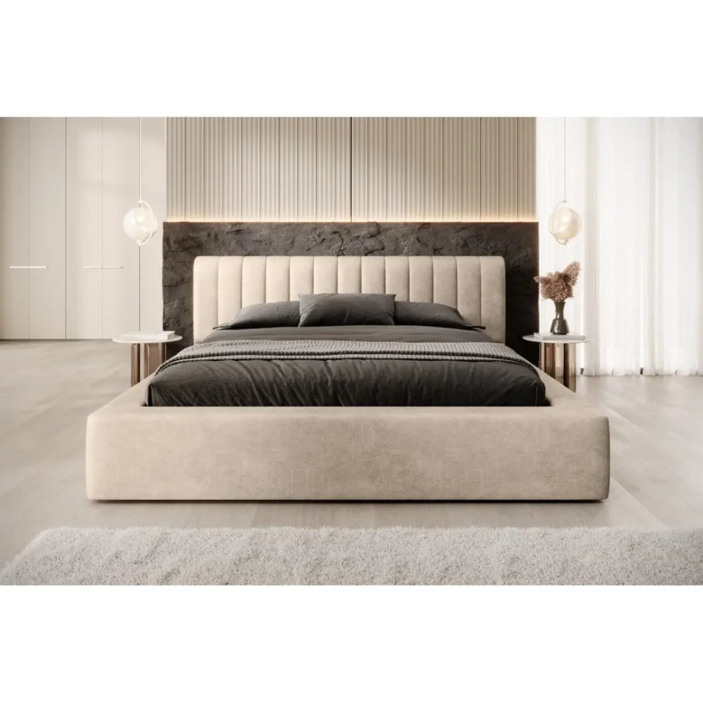 Letto contenitore CERVIN – Velluto morbido Nude Sablé – 160x200 cm – Rete sollevabile – Design elegante
