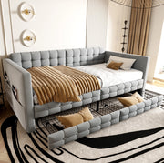 Letto imbottito 90x190 cm con 2 cassetti e tasche laterali in velluto grigio chiaro