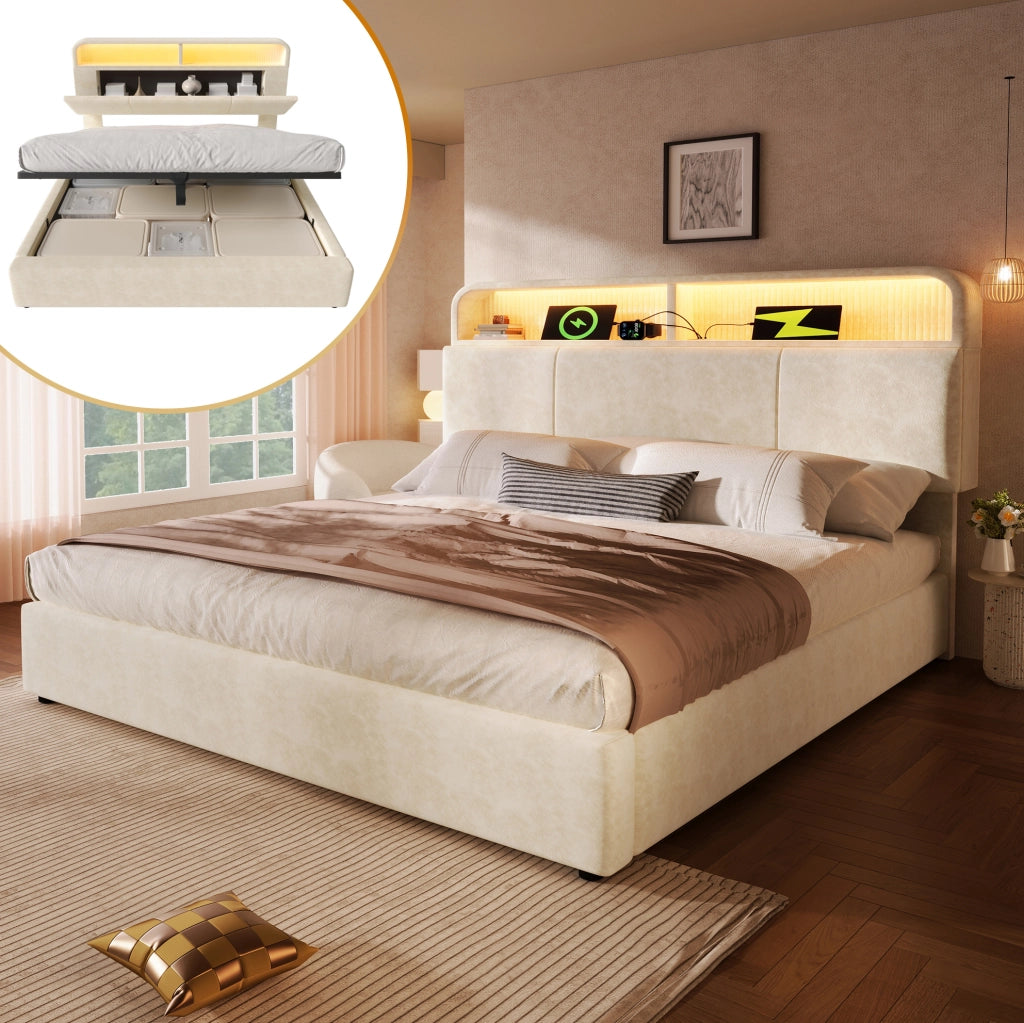 Letto matrimoniale 160x200 cm in velluto beige con testiera regolabile; LED; USB e contenitore