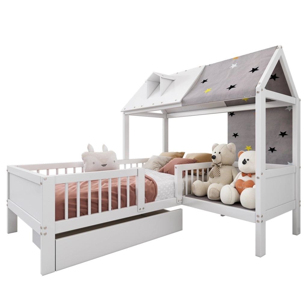 Letto per bambini a casetta 90x200 cm con cassetti in legno massello e MDF bianco