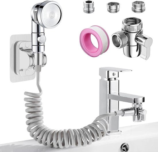 Set per doccia per lavabo - 3 Modelli Maniglia doccia con Tubo telescopico e Adattatore per capelli in bagno e cucina (Rubinetto non incluso)