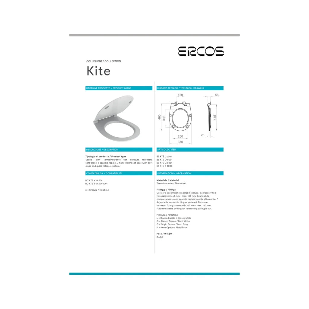 Coppia Di Sanitari Con Copriwater Ercos Da Terra Filo Muro Senza Brida Bianco Lucido "Kite"