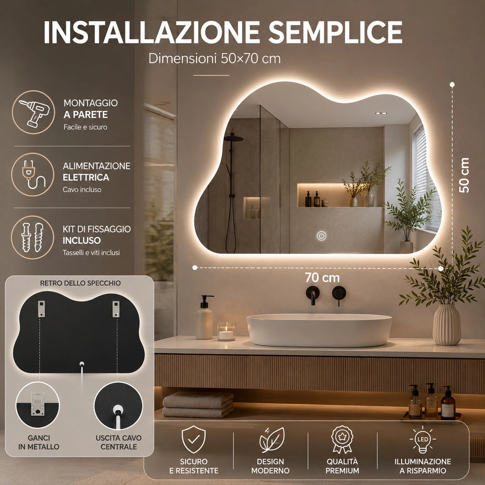 Specchio Led Nuvola con Led 3 Colori Dimmerabile 50x70 cm con Pulsante Touch
