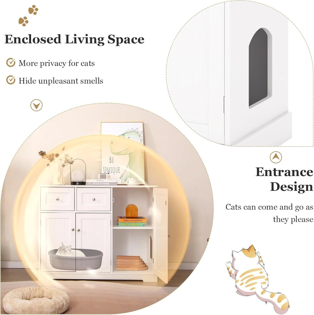 Maison de Toilette Chat, Mobile per Lettiera per Gatti con 2 Cassetti, 3 Ante e Ingresso Laterale e Dispositivo Anti-Rovesciamento, per Interni, 100 X 45 X 80 CM, Bianco