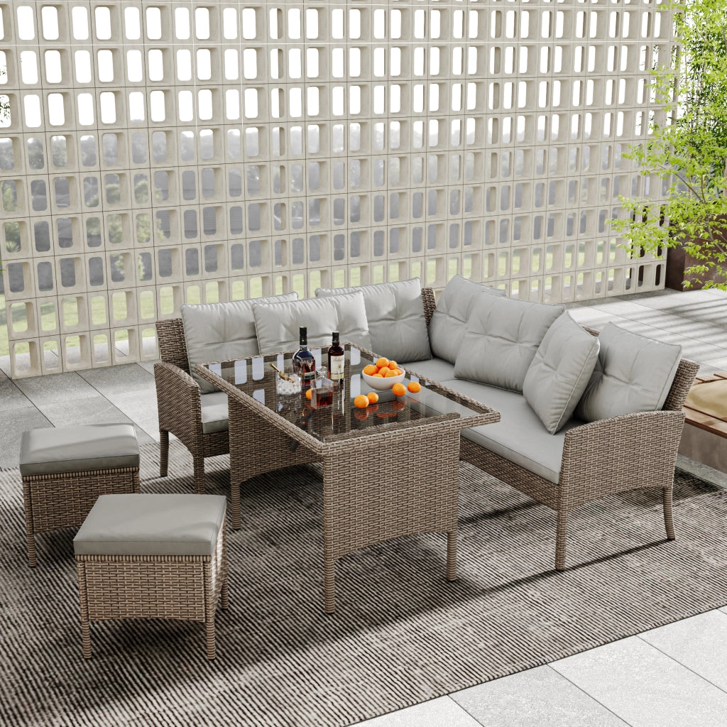 Set salotto polyrattan 7 persone: Divanooo + tavolo + sgabello + cuscini; tessuto lavabile; kaki