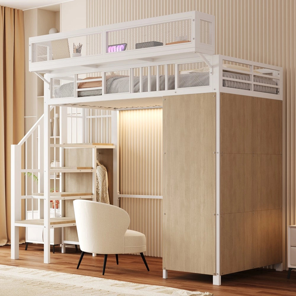 Letto a Soppalco con Armadio e LED ¨C MINIMAL ¨C Metallo Bianco 90x200
