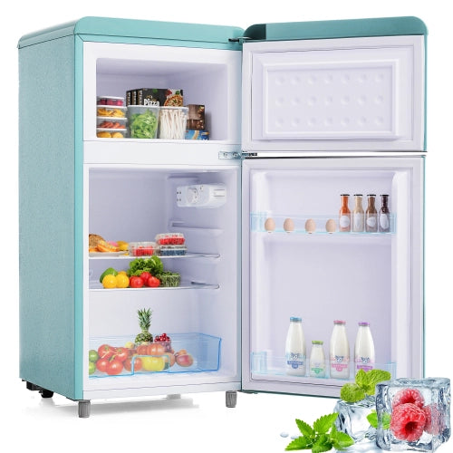 Frigorifero retrò; frigorifero a doppia porte; volume totale 72L; congelatore 21L; luce LED; efficiente energetico; ciano