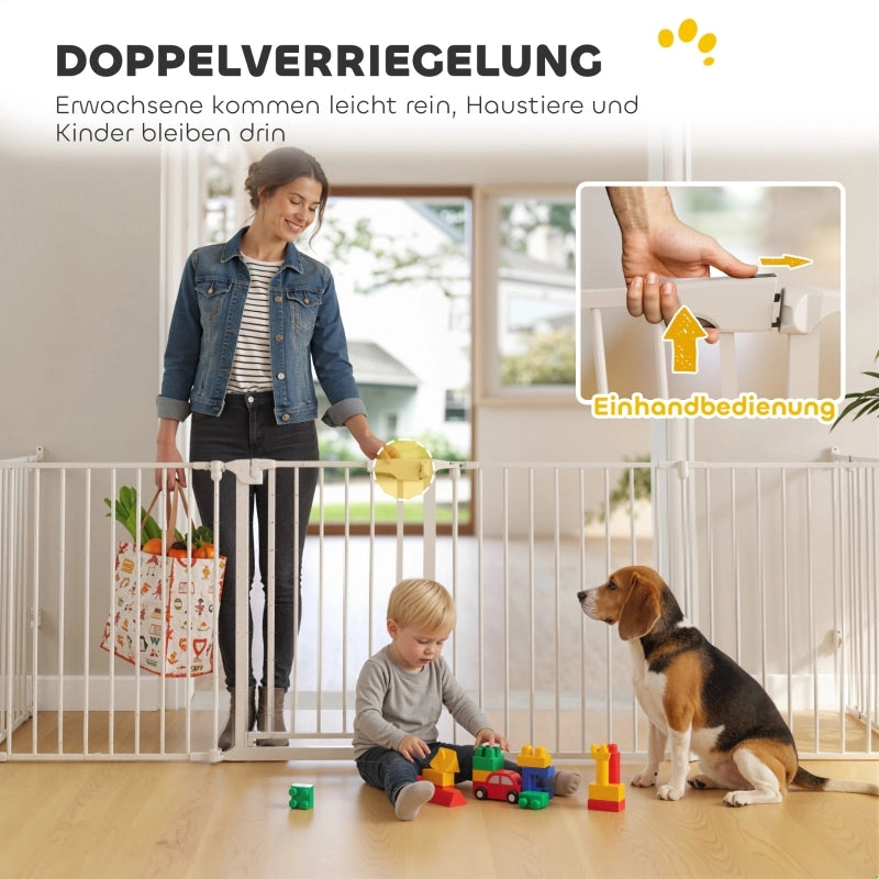Barriera estensibile a forbice 6 pannelli pieghevole con porta per cani piccoli e medi e bambini in acciaio bianco