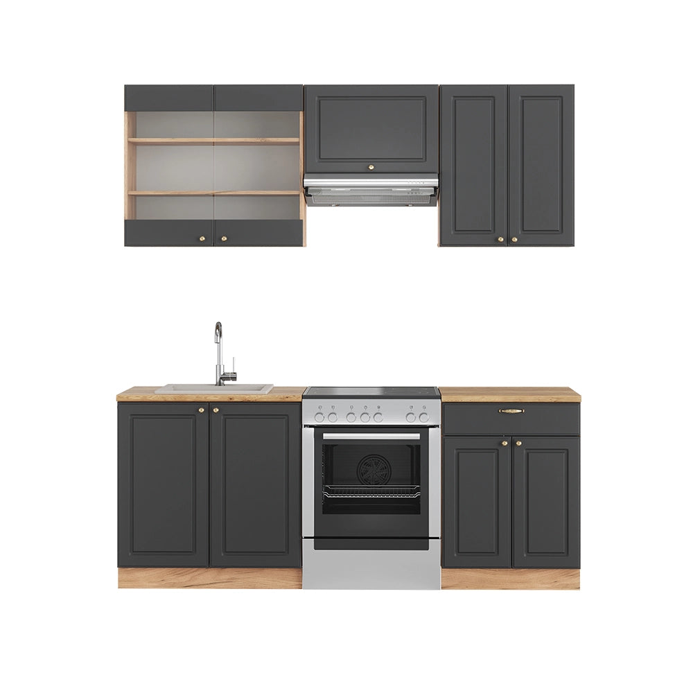Cucina componibile Fame-Line Antracite rustico/Rovere dorato 200 cm, PL Rovere Vicco