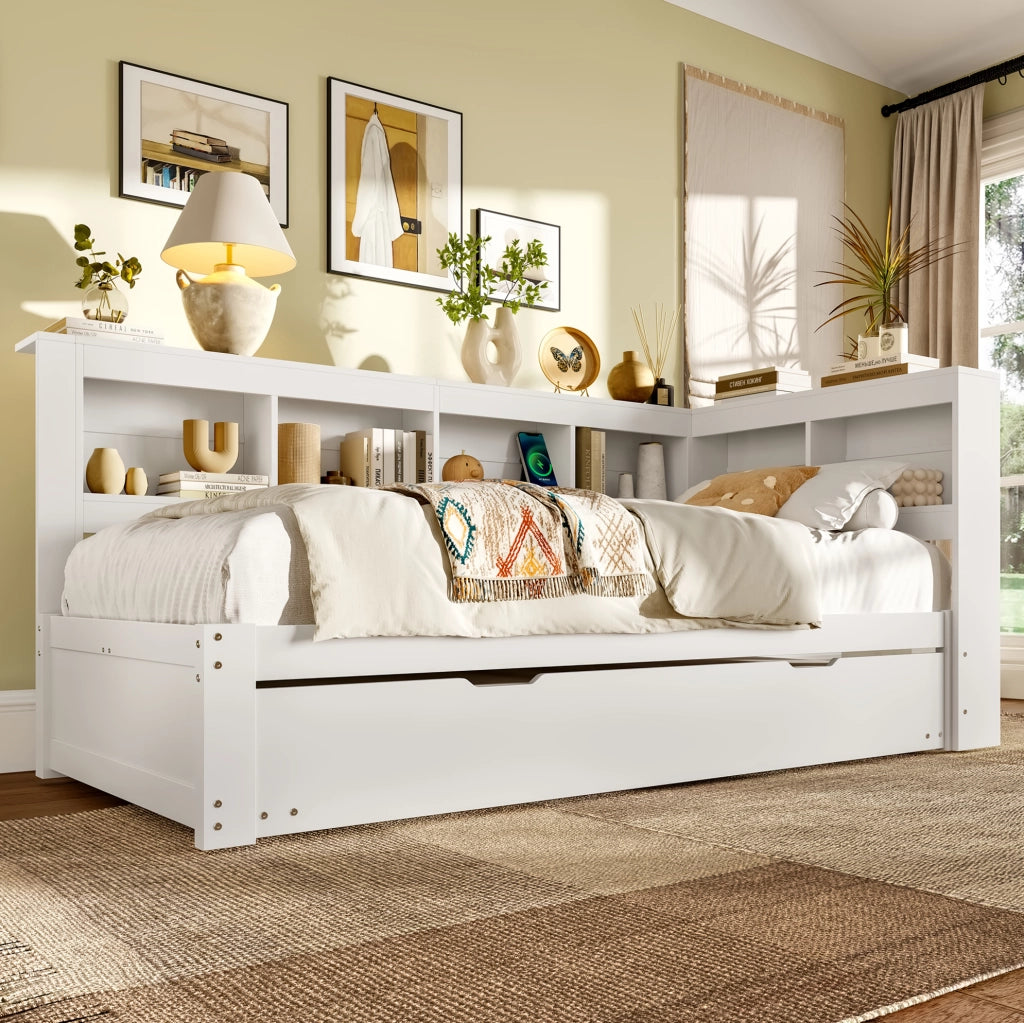 Daybed 90x200 cm con letto estraibile, presa e 2 USB, bianco