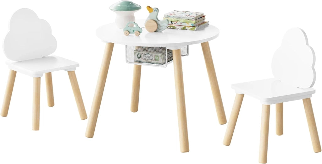 Set di Tavolo e Sedie per Bambini a 3 Pezzi, Tavolino Bambini con Sedie Montessori, Tavolo in Legno e 2 Sedie, per Cameretta, Camera da Letto, Bianco