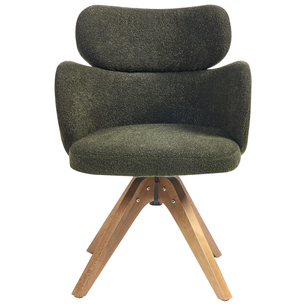 Sedia da pranzo girevole con schienale curvo in boucle verde stile scandinavo