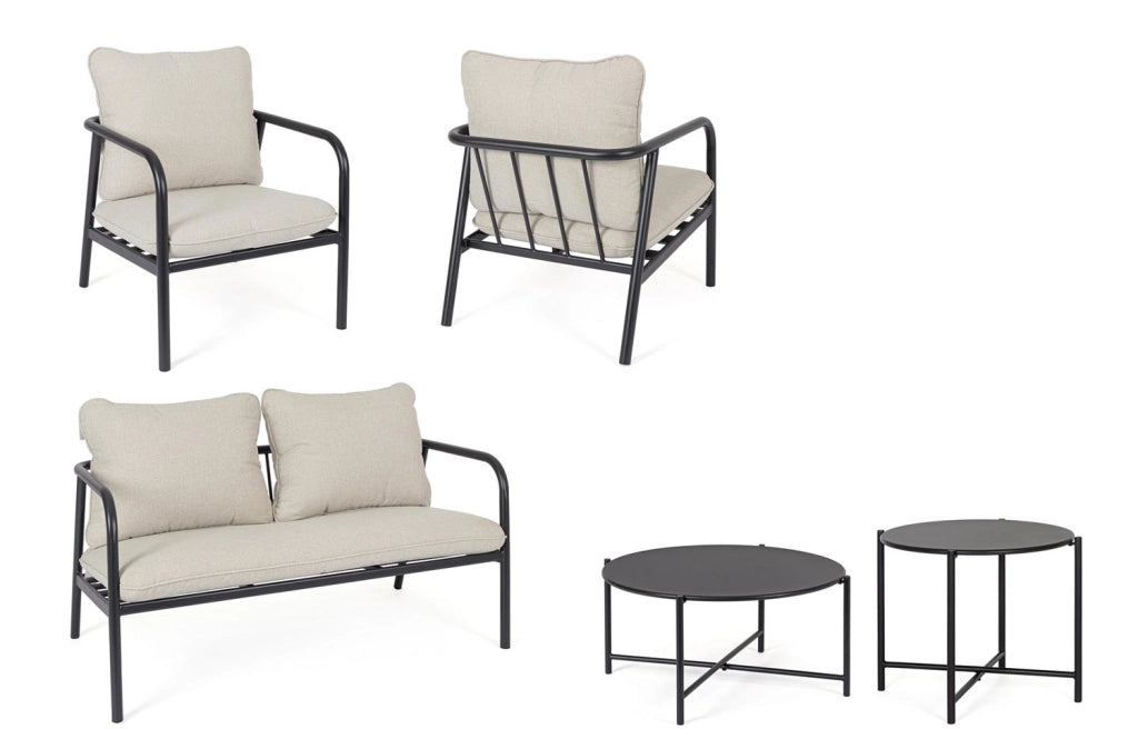 Set 5 Pezzi Salotto da Giardino con Divano 2 Poltrone e 2 Tavolini in Acciaio e Spunpoly Ostuni Antracite