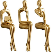3 pezzi di pensiero in legno scuro - moderna scultura astratta - pensiero seduto - decorazione per libreria di casa