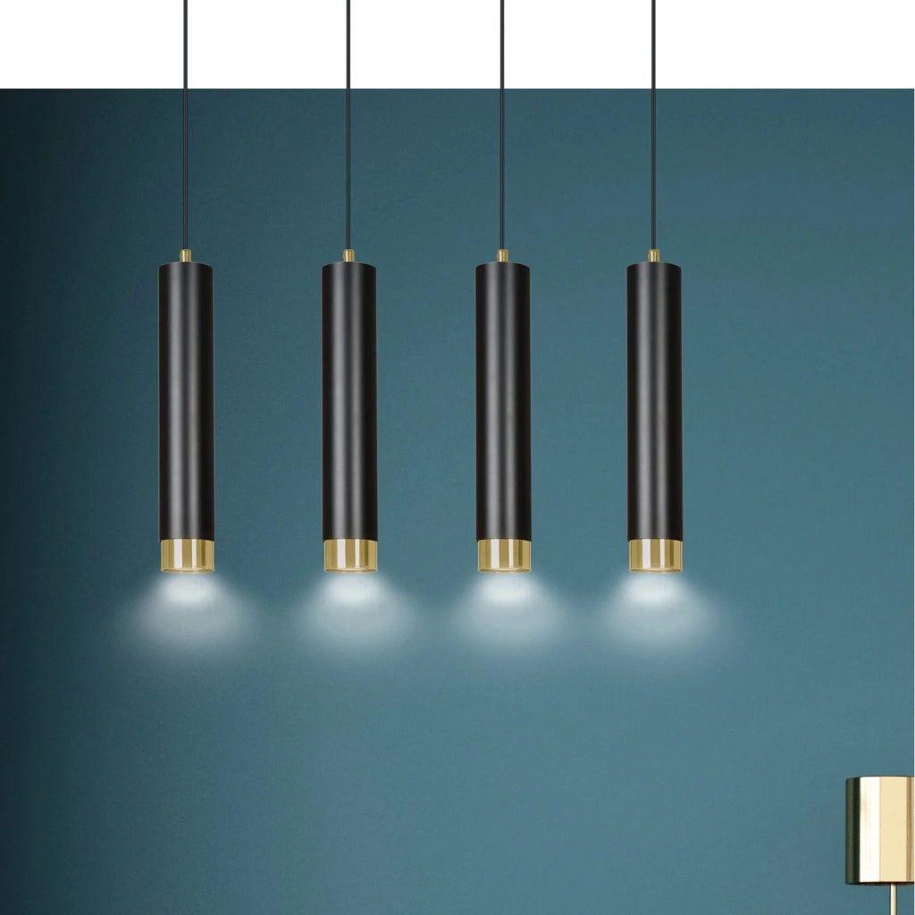 Lampadario 4 Luci Brunilde In Acciaio Nero E Tubolari In Nero E Oro