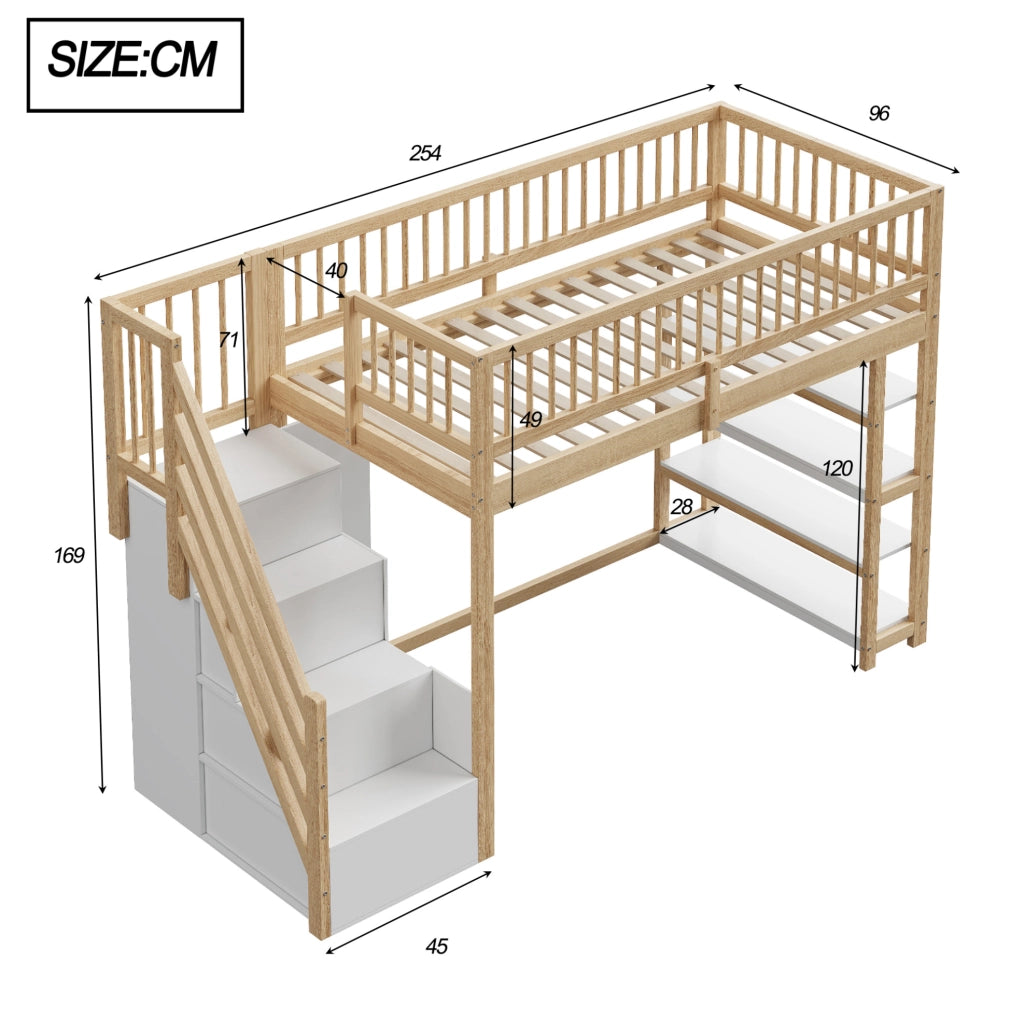 Letto a soppalco 90x200 cm in legno con armadio, scaffali e scala di sicurezza
