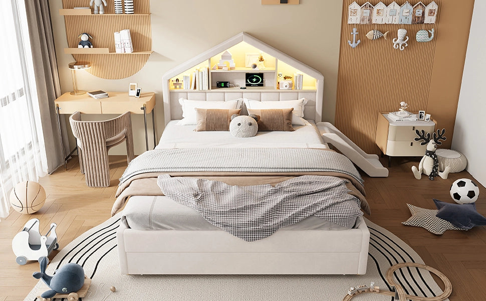 Letto per bambini imbottito con scivolo e LED, 140x200 cm, beige