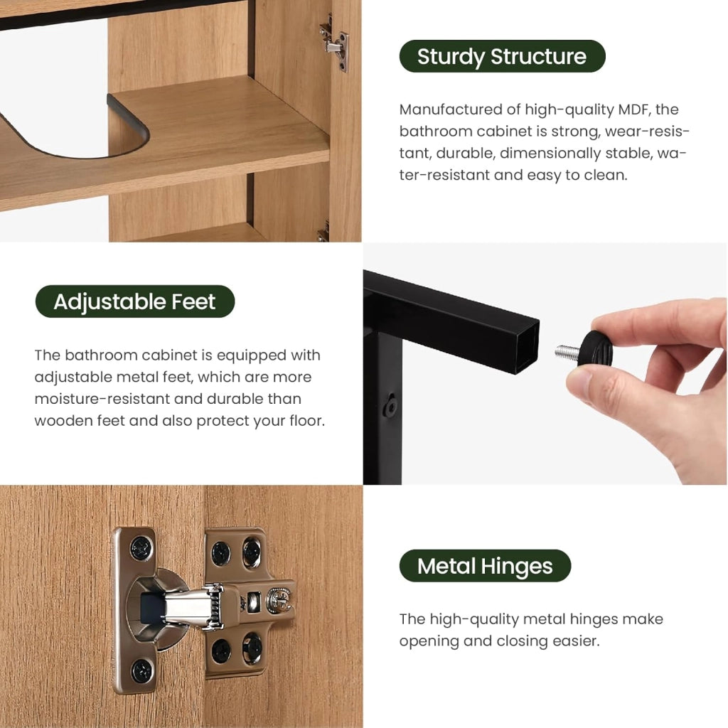Mobile Sottolavabo per Bagno, Mobiletto Copricolonna da Bagno con Ripiano, Armadietto a 2 Ante in Legno e Metallo per Lavandino, Nero, 60x30x60cm