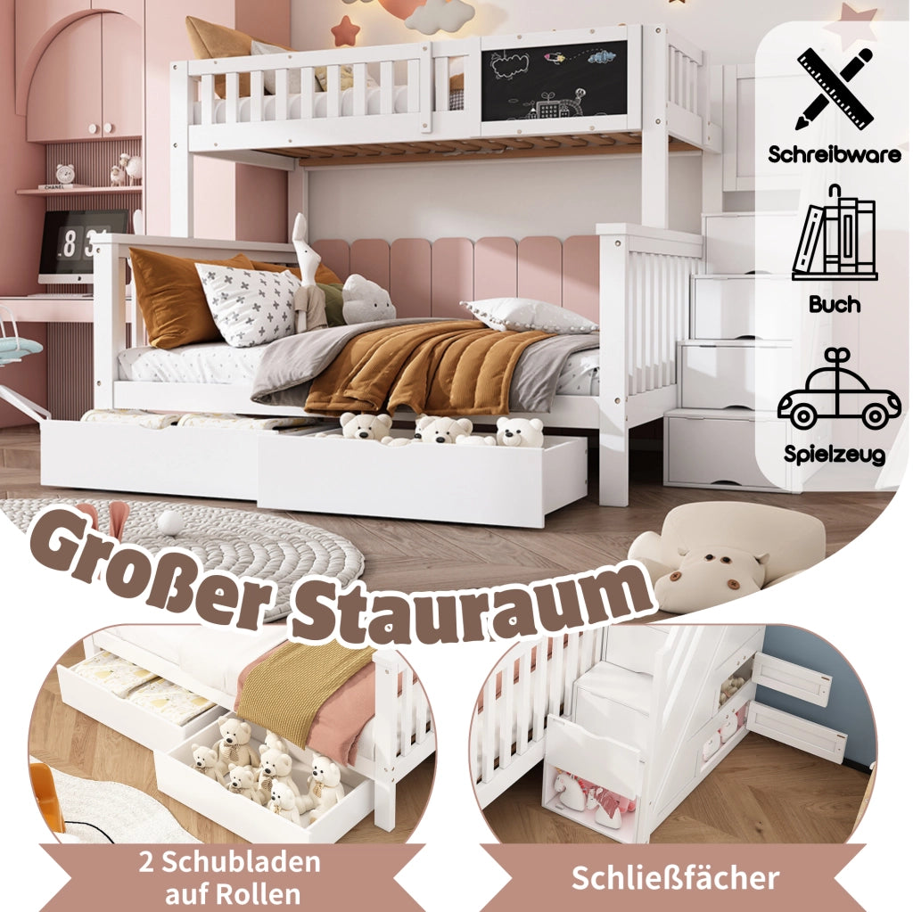 Letto a castello per bambini con lavagna e contenitori; bianco; in legno massello