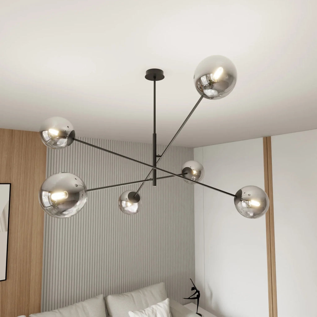 Lampadario 6 Luci Yama In Acciao Nero Con Bracci Regolabili E Vetro Fumè