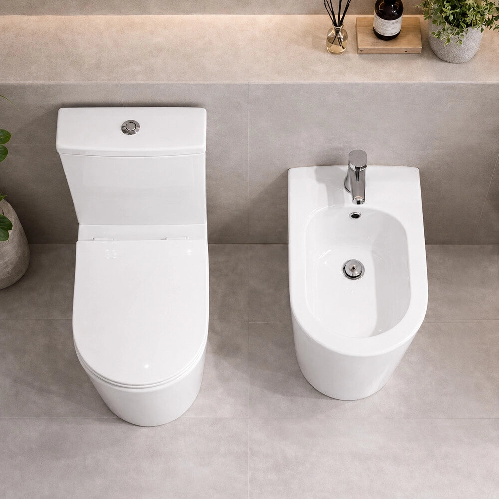 Wc monoblocco filomuro bianco lucido in ceramica con scarico universale rimless Kyoto