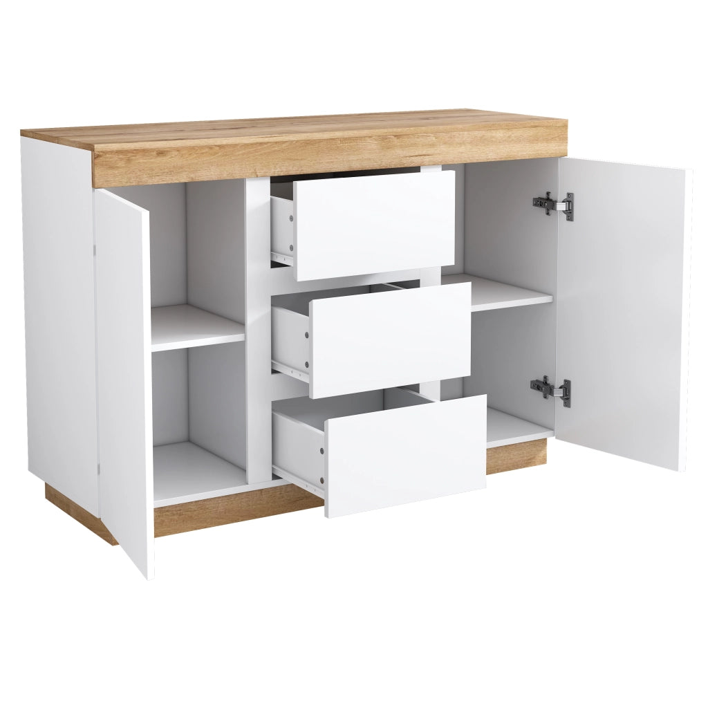 Cassettiera con 3 cassetti e 2 ante, mobile contenitore in truciolare E1, bianco e effetto rovere