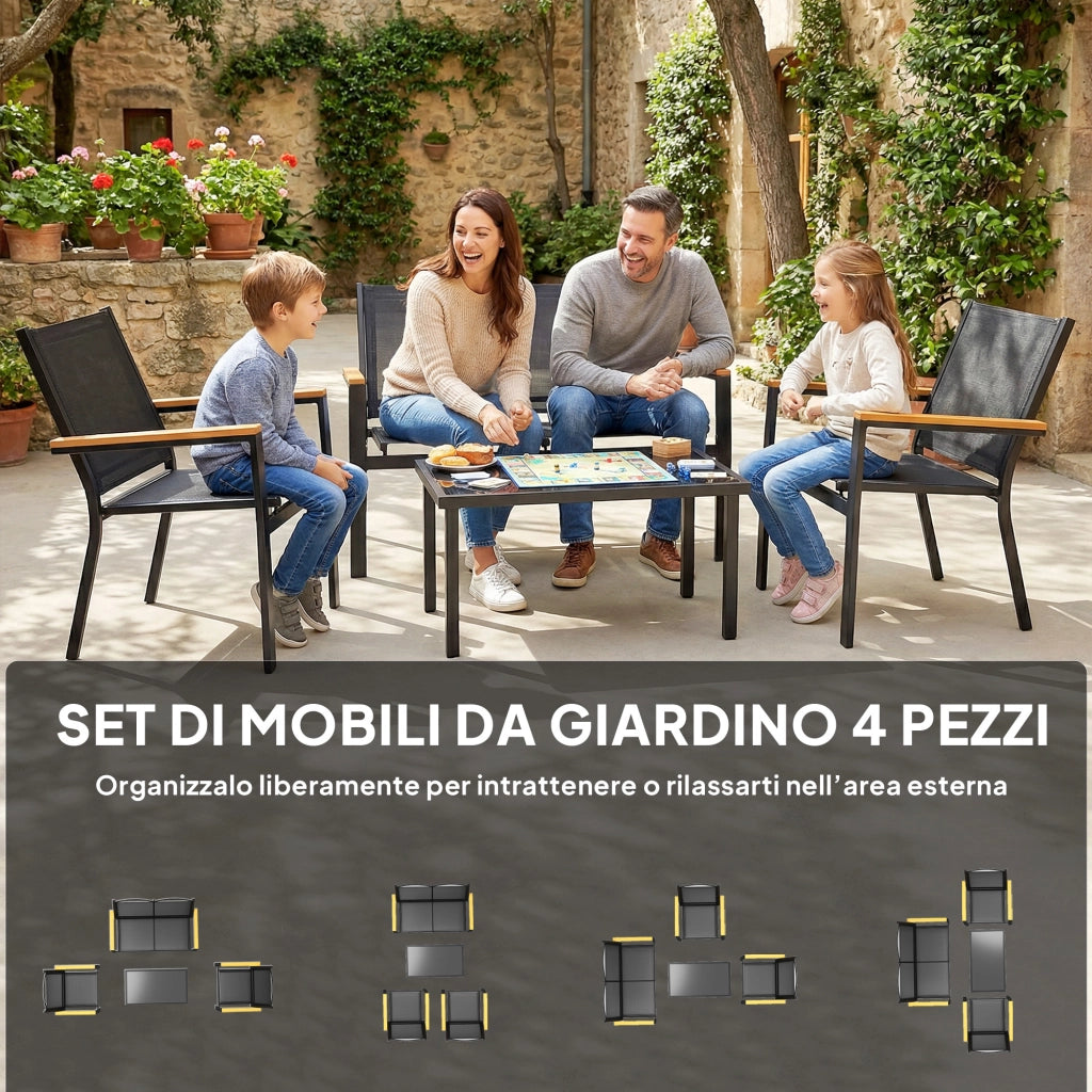 Set 4 Pezzi Salotto da Giardino con Tavolino da Caffè in Vetro Temperato e 3 Sedute in Tessuto Texteline Nero