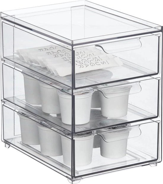 Cassetta di conservazione con 3 ripiani - Scatola di plastica a pedane per cucina e frigorifero - Organizzatore di cucina per snack, pasta, verdure e sim. - Transparente