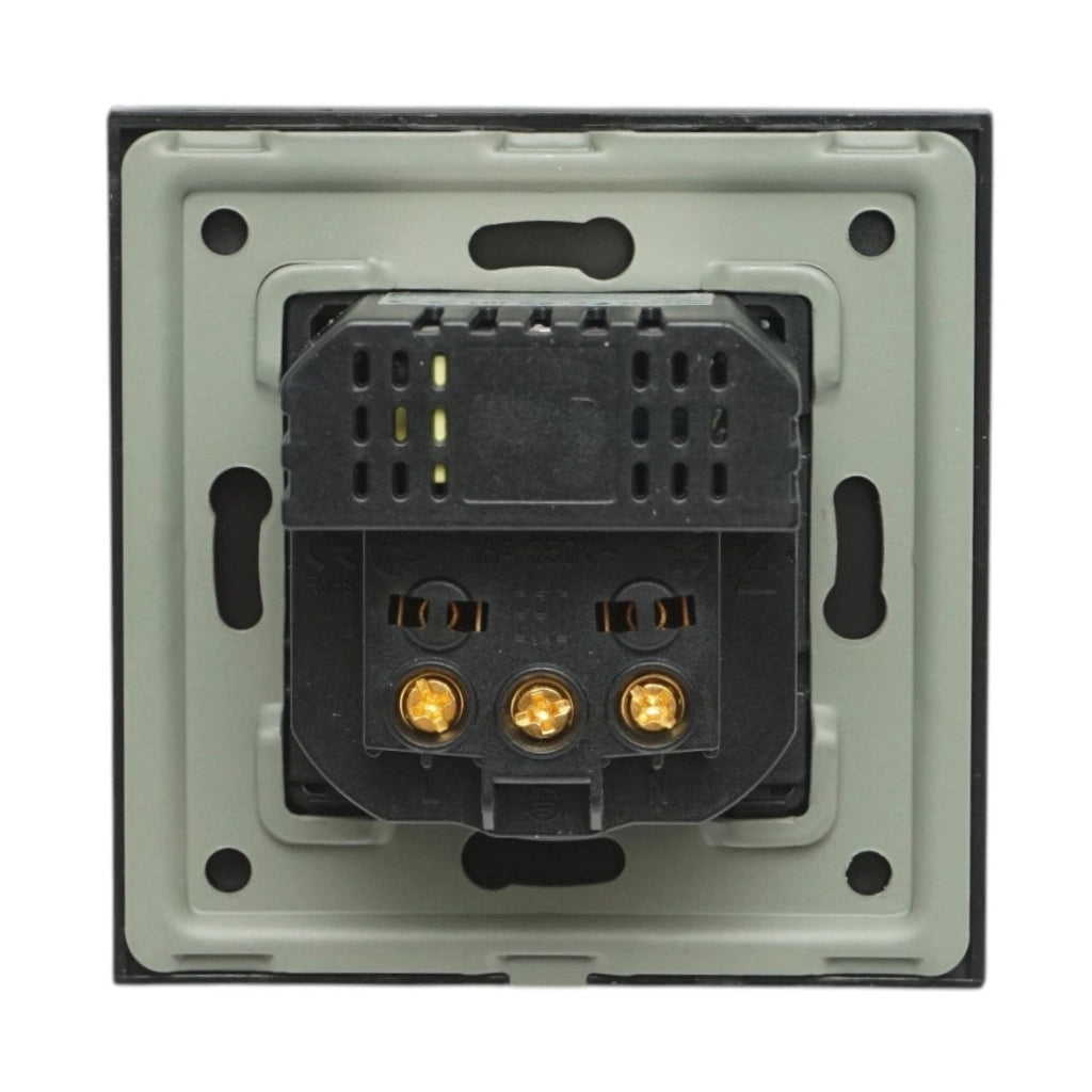 Presa Schuko nera 220V, 16A, 2xUSB-C 20W ricarica rapida, cornice in vetro 86x86x34mm