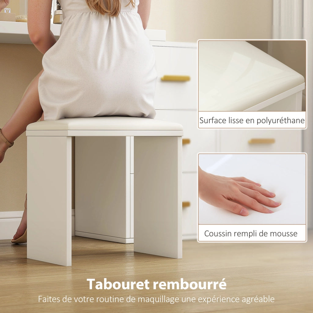 Scrivania trucco con specchio e sgabello, 6 cassetti, illuminazione LED regolabile ¨C zephmum ¨C bianco, 118x78x135 cm