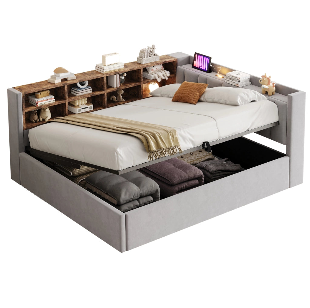 Letto imbottito multifunzione 140x200 cm in velluto grigio chiaro con contenitore; luce notturna; USB e Type-C
