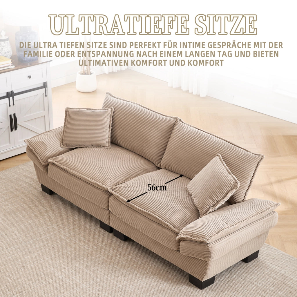 Divano a 2 posti in velluto a coste kaki con braccioli e cuscini laterali 81 × 224 × 81 cm