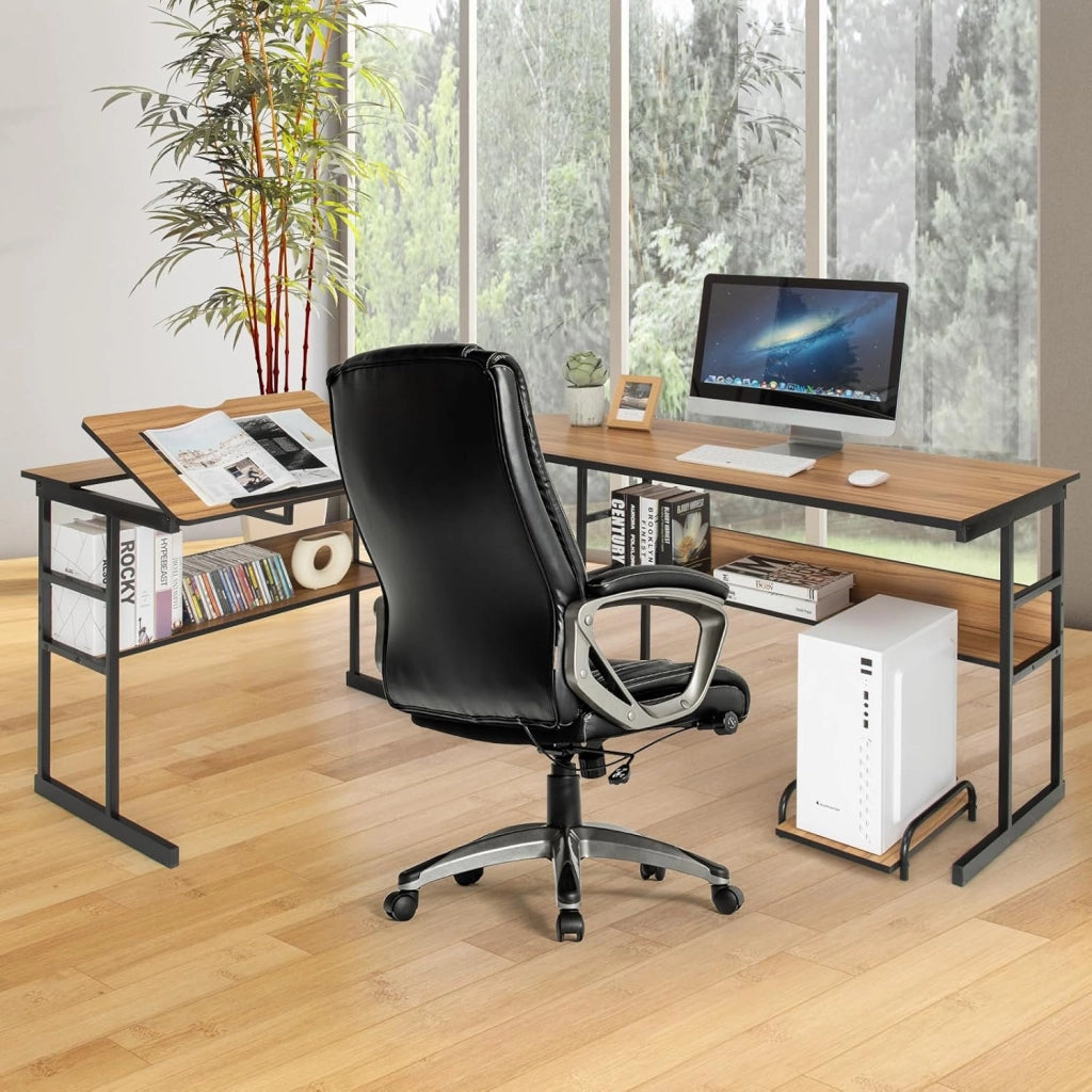 Scrivania ad angolo a forma di L 170 cm, Scrivania per computer con 2 ripiani, vassoio inclinabile, supporto per unità centrale, tavolo da computer, poco ingombrante, stile industriale (noce)