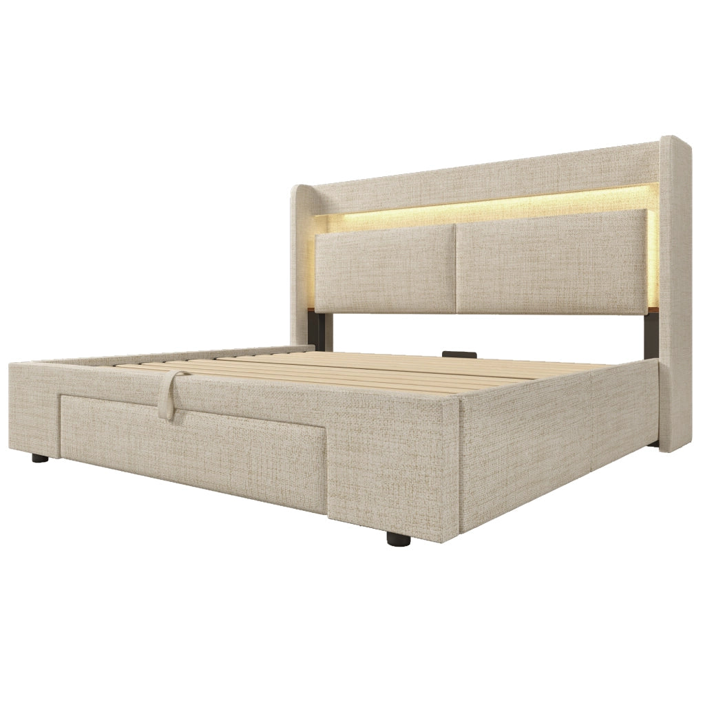 Letti contenitori 140x200 cm; contenitore idraulico e LED; lino; beige (Senza materasso)