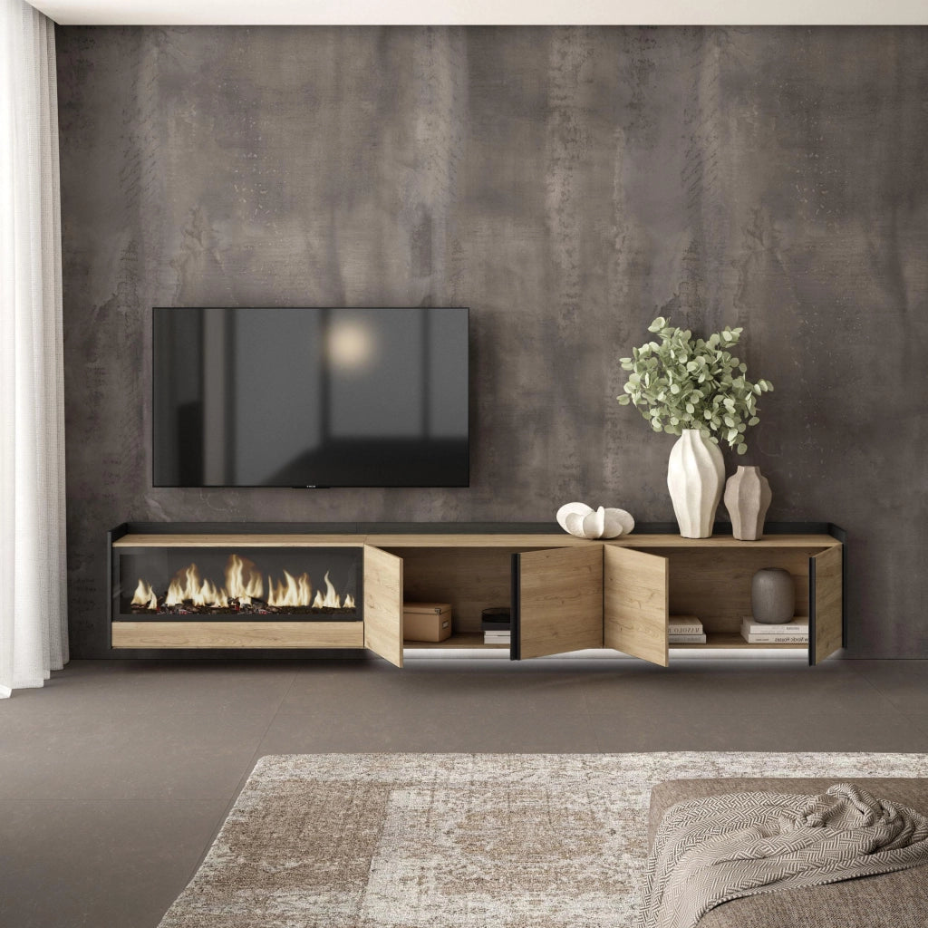 Mobile TV Soggiorno, 315x50x35 cm, Per TV fino a 80", Camino elettrico XXL, Sospeso, da appendere, LED, Rovere e nero