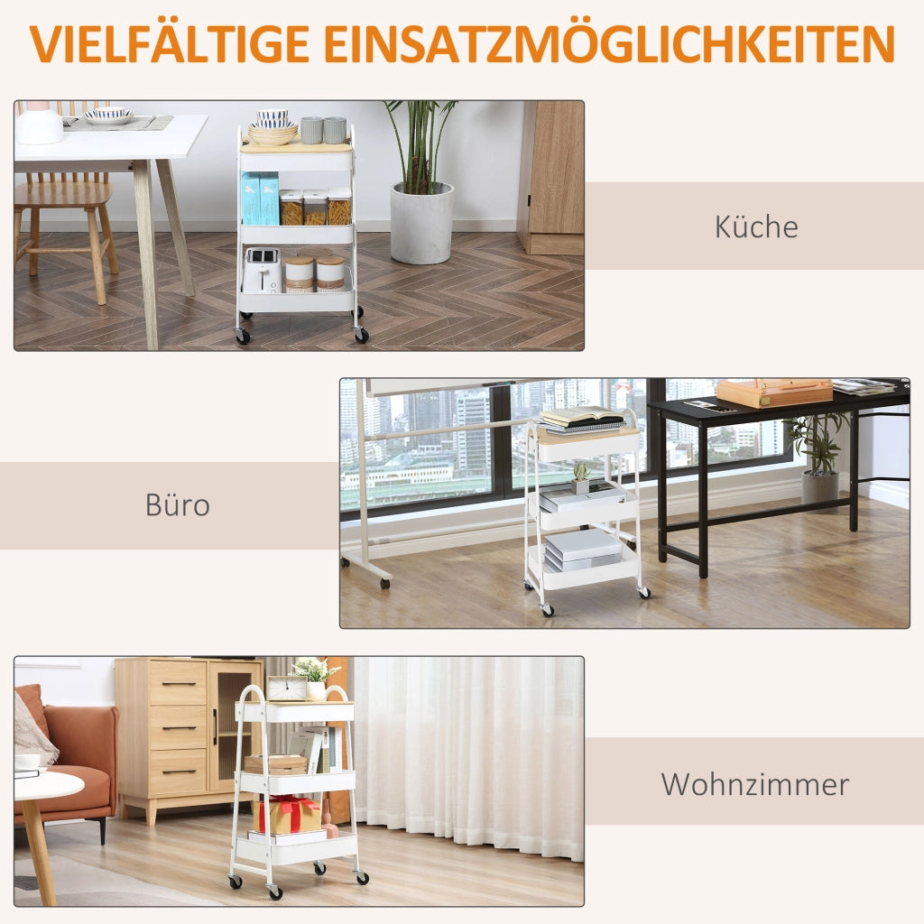 Carrello da cucina con 3 ripiani e cestino ¨C Zephmum ¨C Bianco 60x30x90 cm