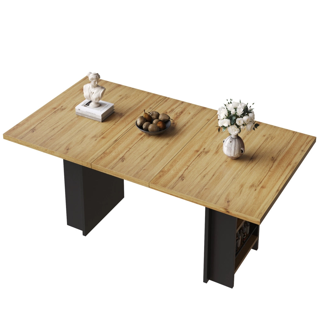 Tavolo allungabile con ripiani e vano contenitore, in MDF effetto legno, per soggiorno e studio, 120-160 × 80 × 75 cm