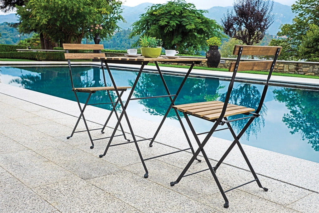 Set Tavolo e 2 Sedie da Giardino Pieghevoli Bistrò in Ferro e Legno di Acacia