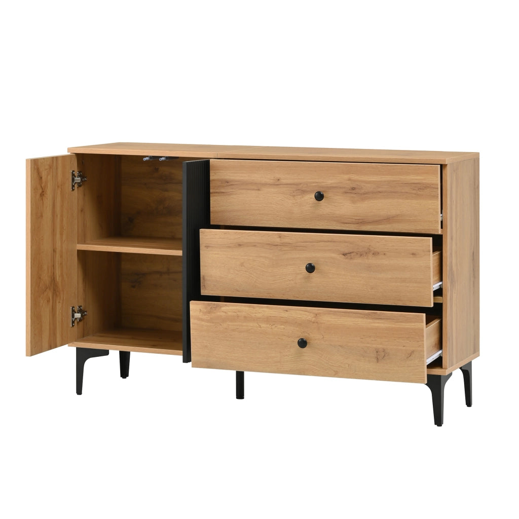 Credenza Moderna Legno e Nero Mobile Buffet 120 cm con 3 Cassetti e Anta