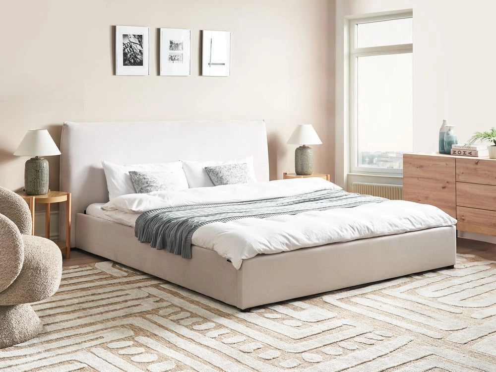 Letto matrimoniale imbottito velluto bianco sporco 180 x 200 cm grande testata classica