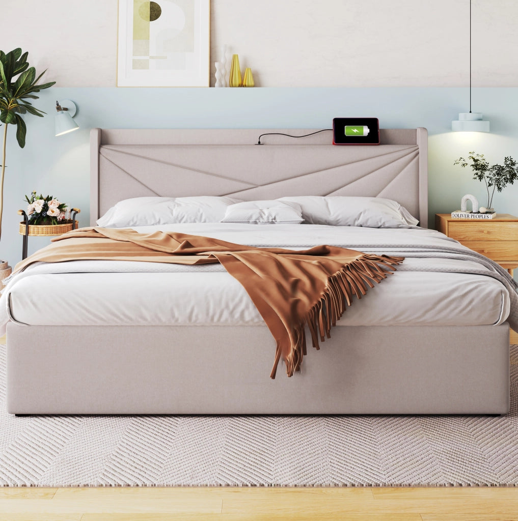 Letto matrimoniale 160x200 cm con contenitore; testiera USB e Type-C; beige; con materasso