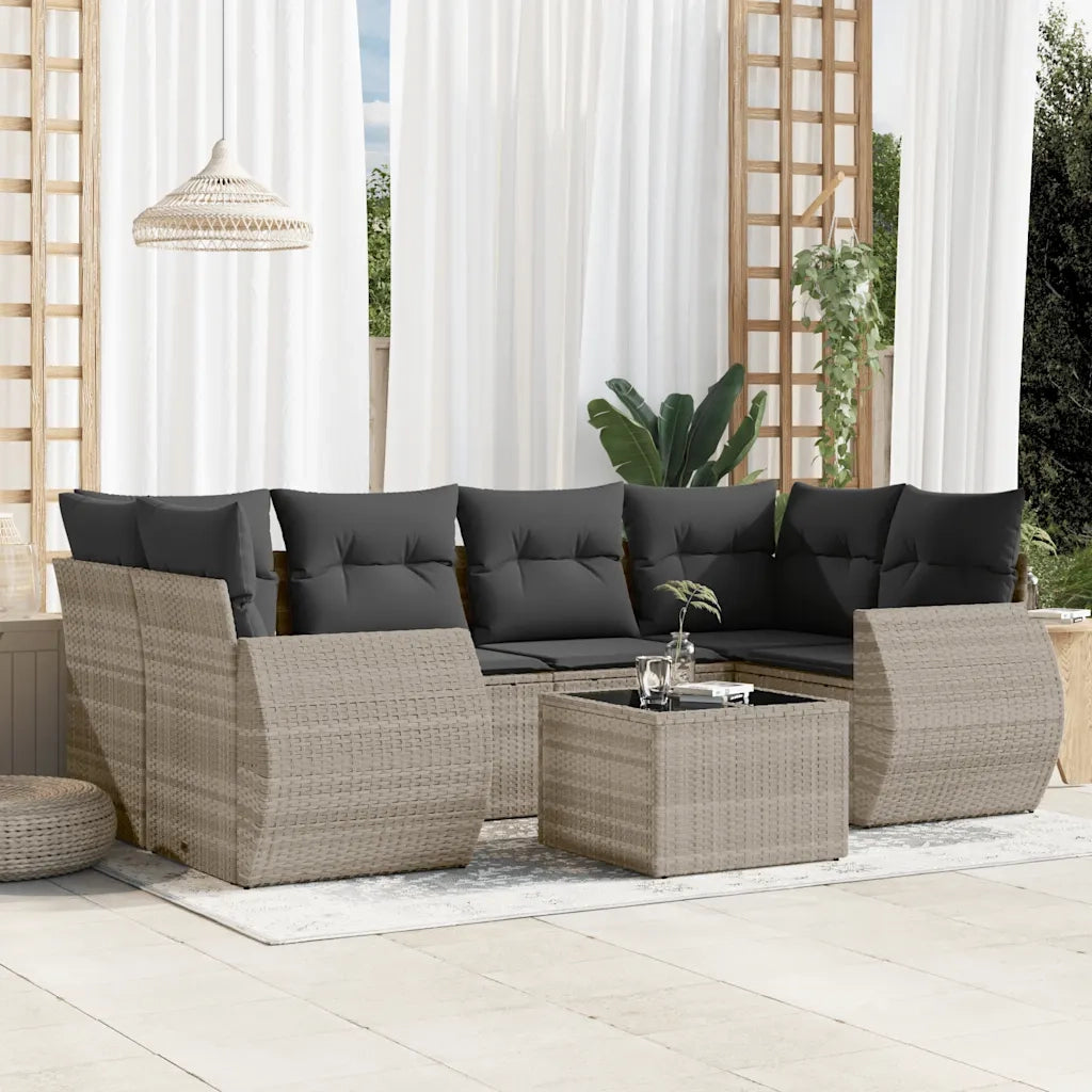 Set Divani da Giardino 7pz con Cuscini Grigio Chiaro Polyrattan