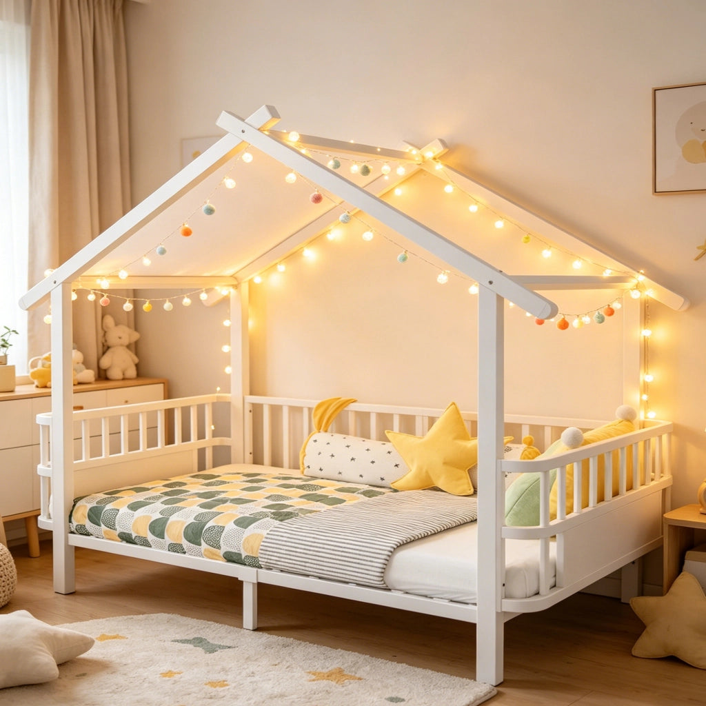 Letto per bambini in metallo a forma di casa, 90 x 200 cm, con sponde di sicurezza, design con tetto, bianco