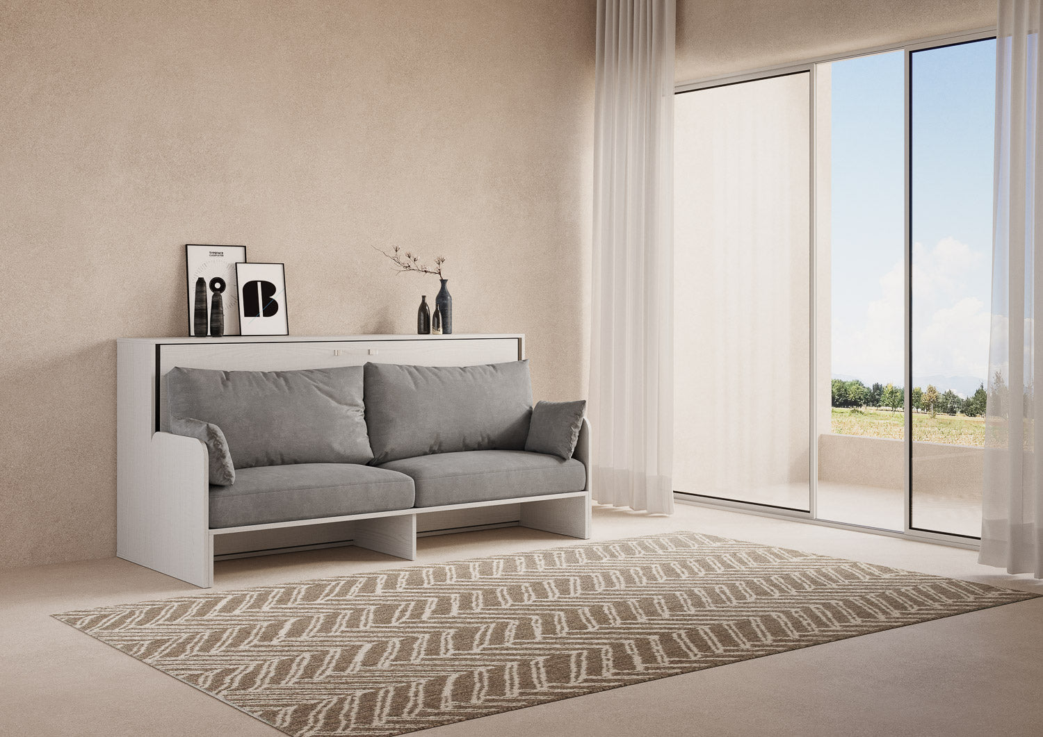 Letto Singolo A Scomparsa Kando Con Divano Bianco Frassino e Grigio