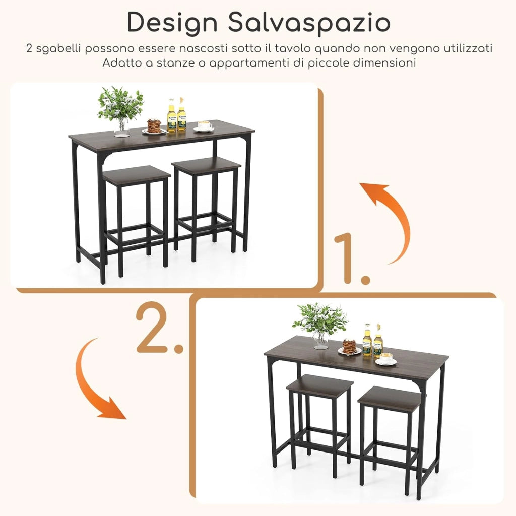 Tavolo con 2 Sgabelli in Metallo e Legno, Set da Pranzo 3 Pezzi, Tavolo Rettangolare da Cucina con 2 Sedie per Sala da Pranzo, Appartamento e Bistro, Stile Retrò (Grigio)
